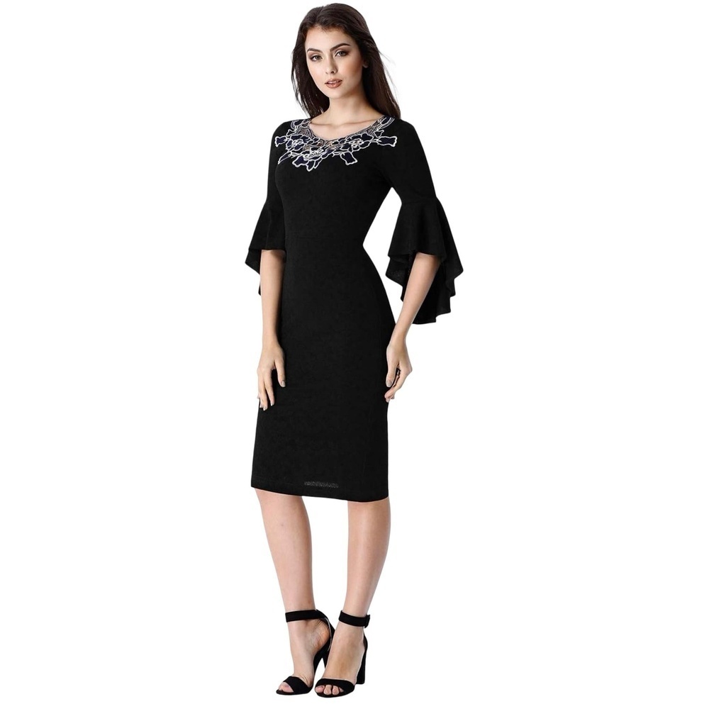 VfEmage Little Black Floral Applique Ruffle Sleeve Cocktail Dress Small